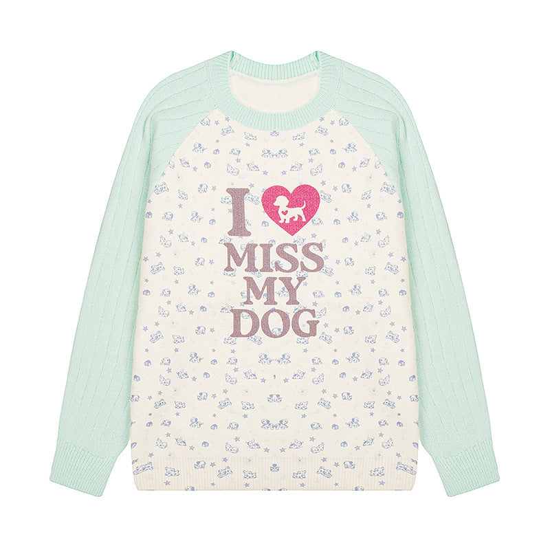 Women's knit sweater with raglan sleeves, allover dog motif and statement print Mune Fashion