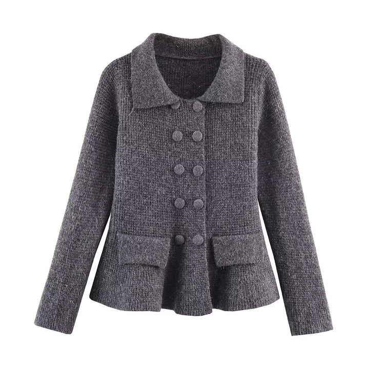 Women's Double-breasted Boucle Jacket with Peplum, Applied Pockets and Shirt Collar Mune Fashion
