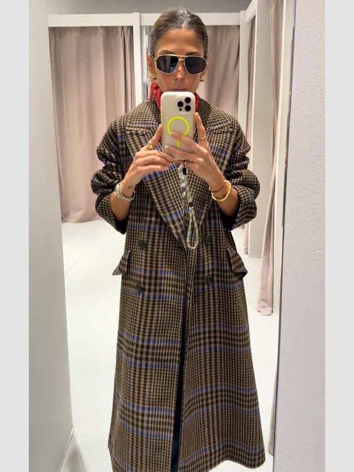 Women Maxilength Oversized Double-Breasted Coat with Emphasized Shoulder and Flap Pockets Mune Fashion