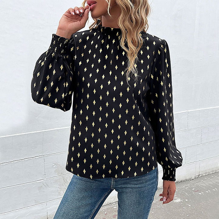 Women Elegant Blouse with Ruffles and Diamond Pattern Mune Fashion