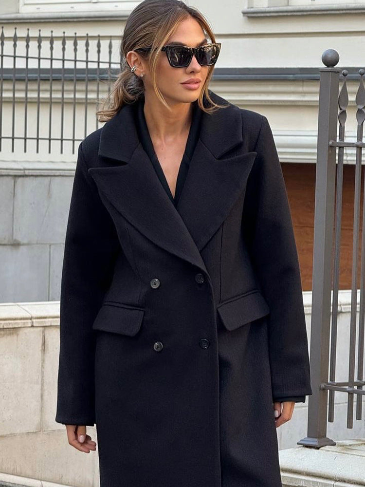 Women's Mid-length Double-breasted Wool Blend Coat with Distinctive Lapels and Tailored Fit Mune Fashion