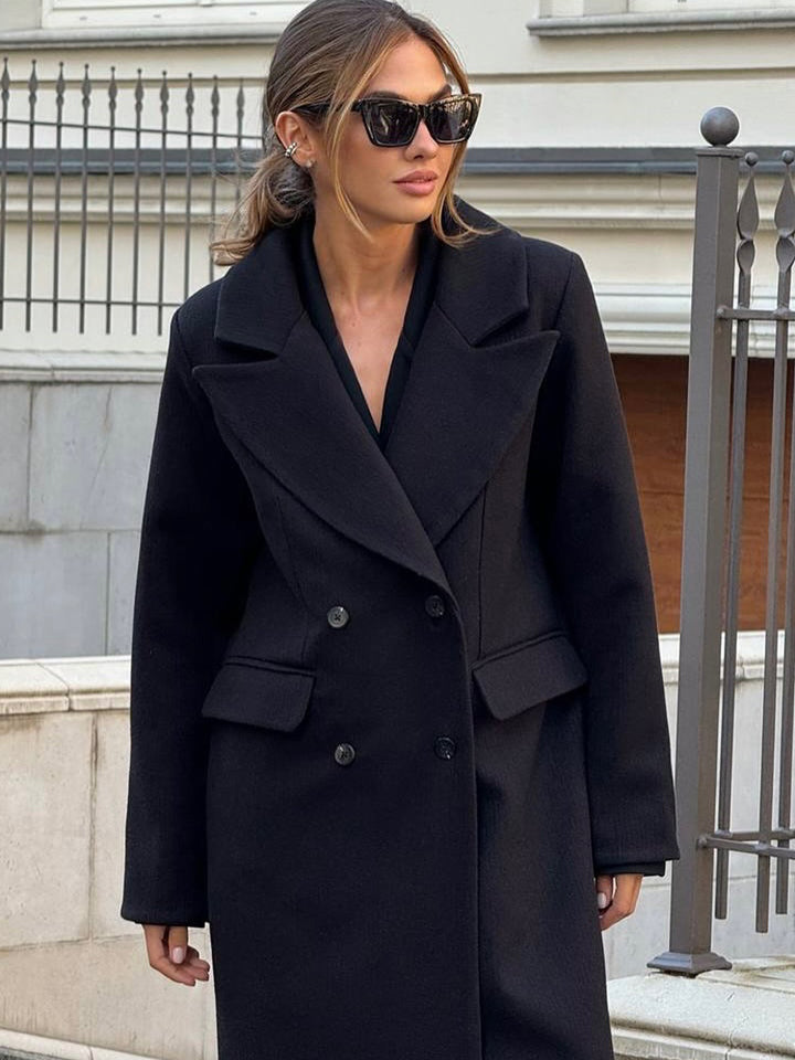 Women's Mid-length Double-breasted Wool Blend Coat with Distinctive Lapels and Tailored Fit Mune Fashion
