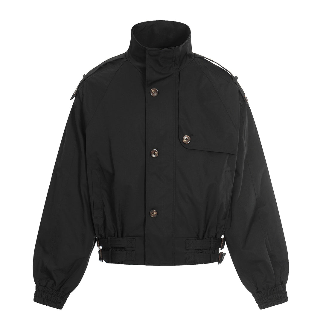 Women's short-cut boxy trench coat with high funnel collar, shoulder flaps, and adjustable waist belt Mune Fashion