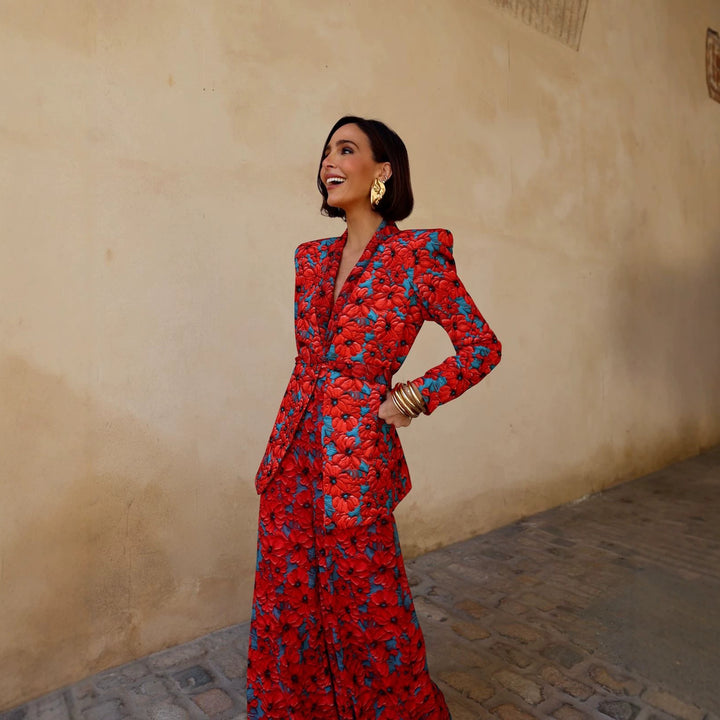 Ladies Two-Piece Floral Jacquard Blazer and Flared Pants Set Mune Fashion