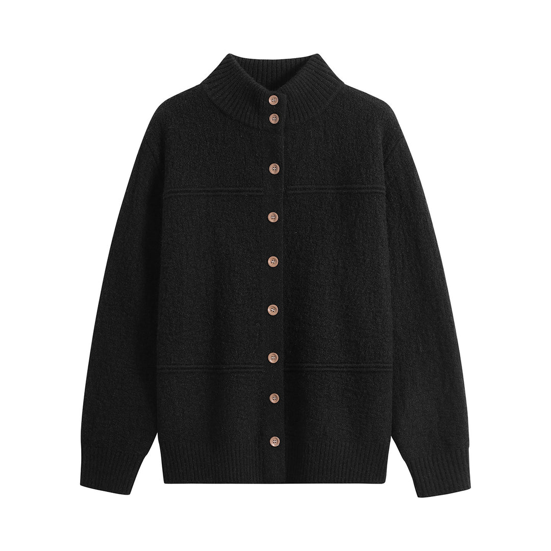 Women Long Oversize Wool Blend Cardigan with High Ribbed Collar and Vintage Buttons Mune Fashion
