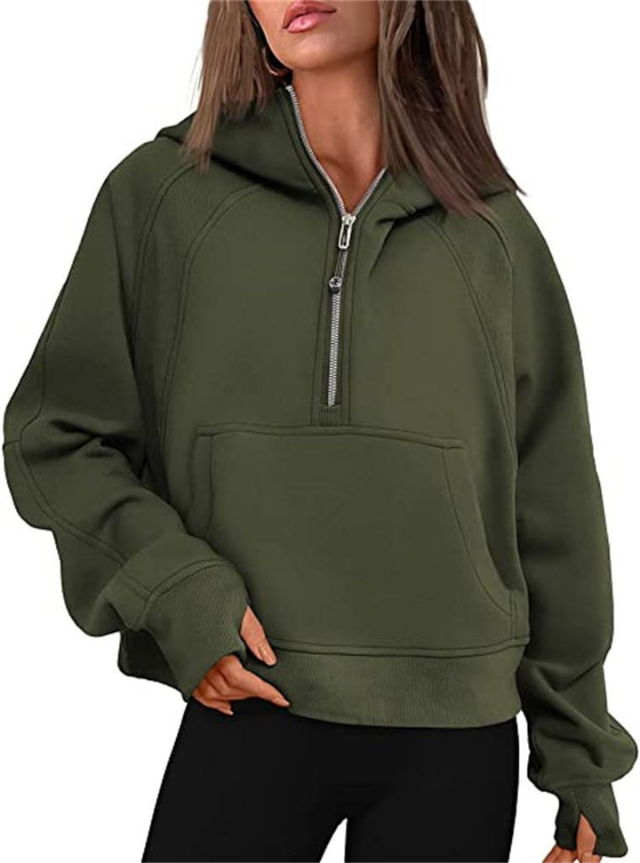 Women's short cut hoodie with half zipper and kangaroo pocket Mune Fashion