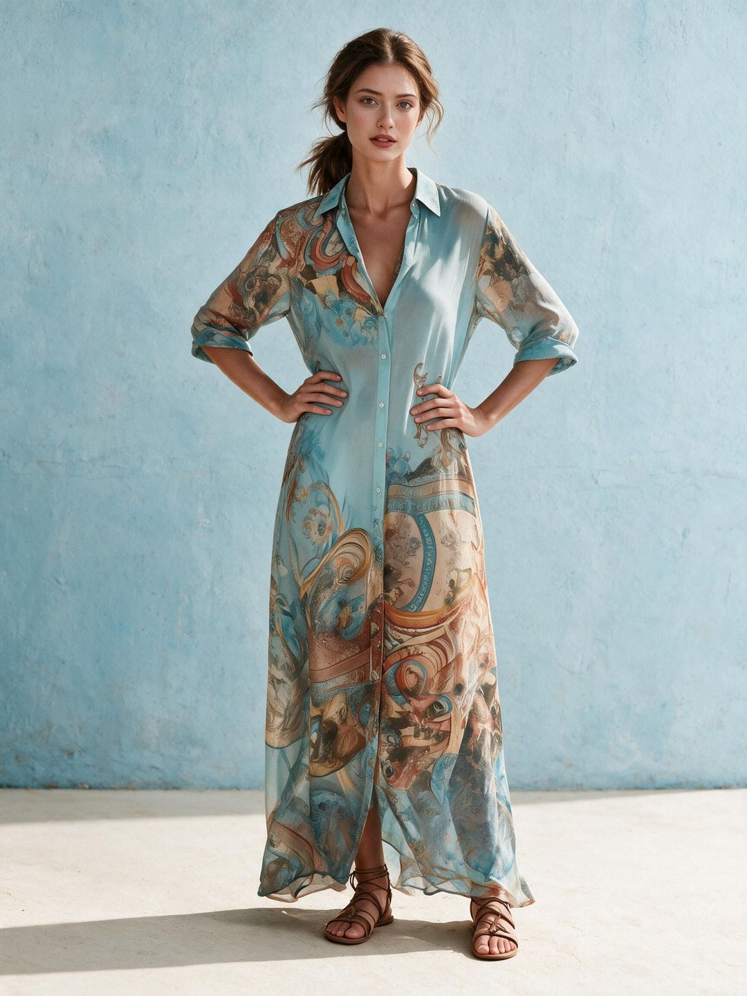 Women's Shirt Dress Maxi Dress in Flowing Silk Look with Artistic Allover Print and 3/4 Sleeves Mune Fashion