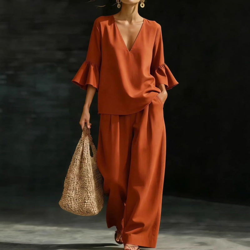 Women's Two-Piece V-Neck Tunic Set with Ruffle Sleeves and Wide High-Waisted Palazzo Pants Mune Fashion