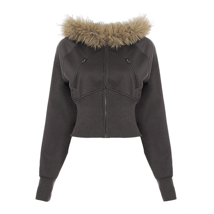 Women's short cut hoodie with faux fur hood, zipper and fitted cuff Mune Fashion