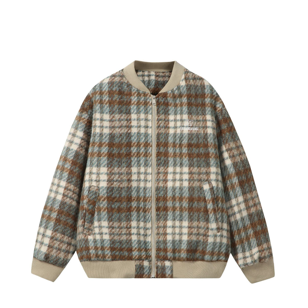 Unisex Short boxy cut wool mix bomber with check pattern and ribbed cuff Mune Fashion