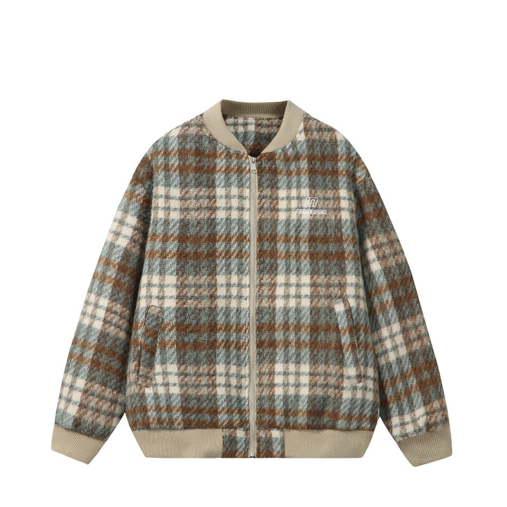 Unisex Short boxy cut wool mix bomber with check pattern and ribbed cuff Mune Fashion