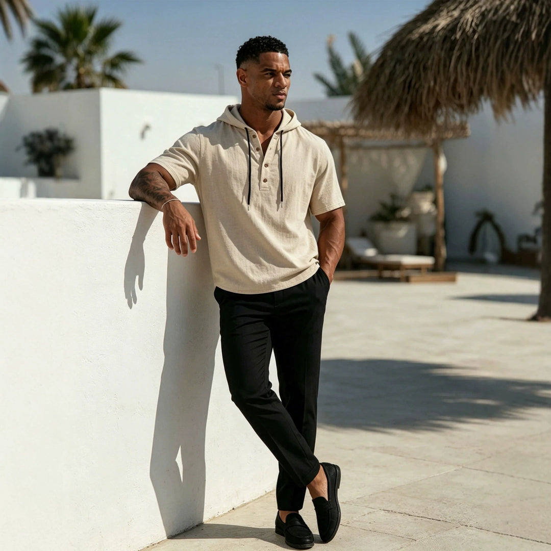 Men's Short Sleeve Hoodie Henley in Linen Look with Button Placket Mune Fashion