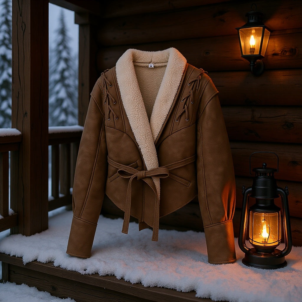 Ladies short jacket in aviator look with sherpa lining, tie belt and shoulder lacing Mune Fashion