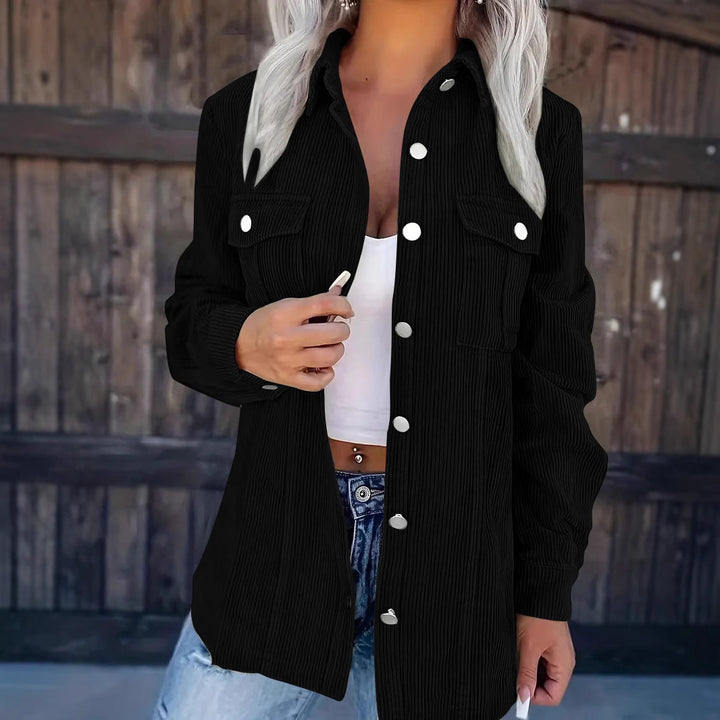 Women's Longline Cord Shirt Jacket with Chest Flaps and Snap Button Placket Mune Fashion