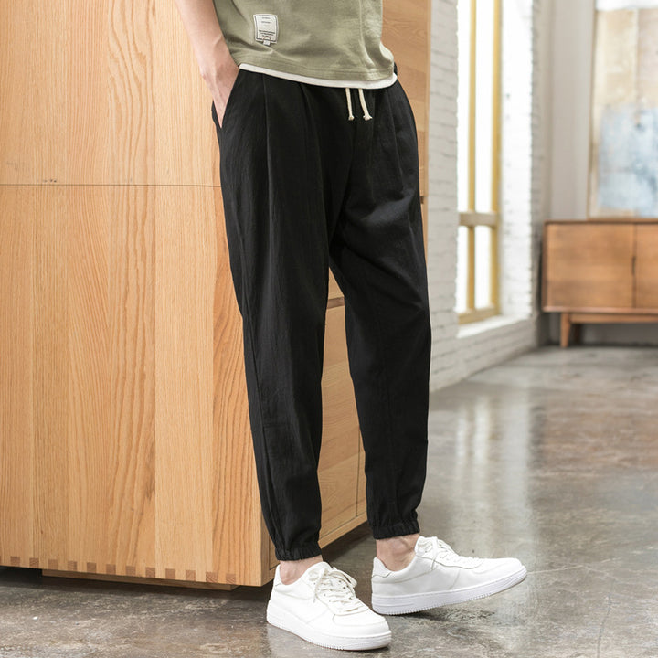 Men's Relaxed-Fit Linen Blend Jogging Pants with Pleats, Drawstring, and Elastic Cuffs Mune Fashion