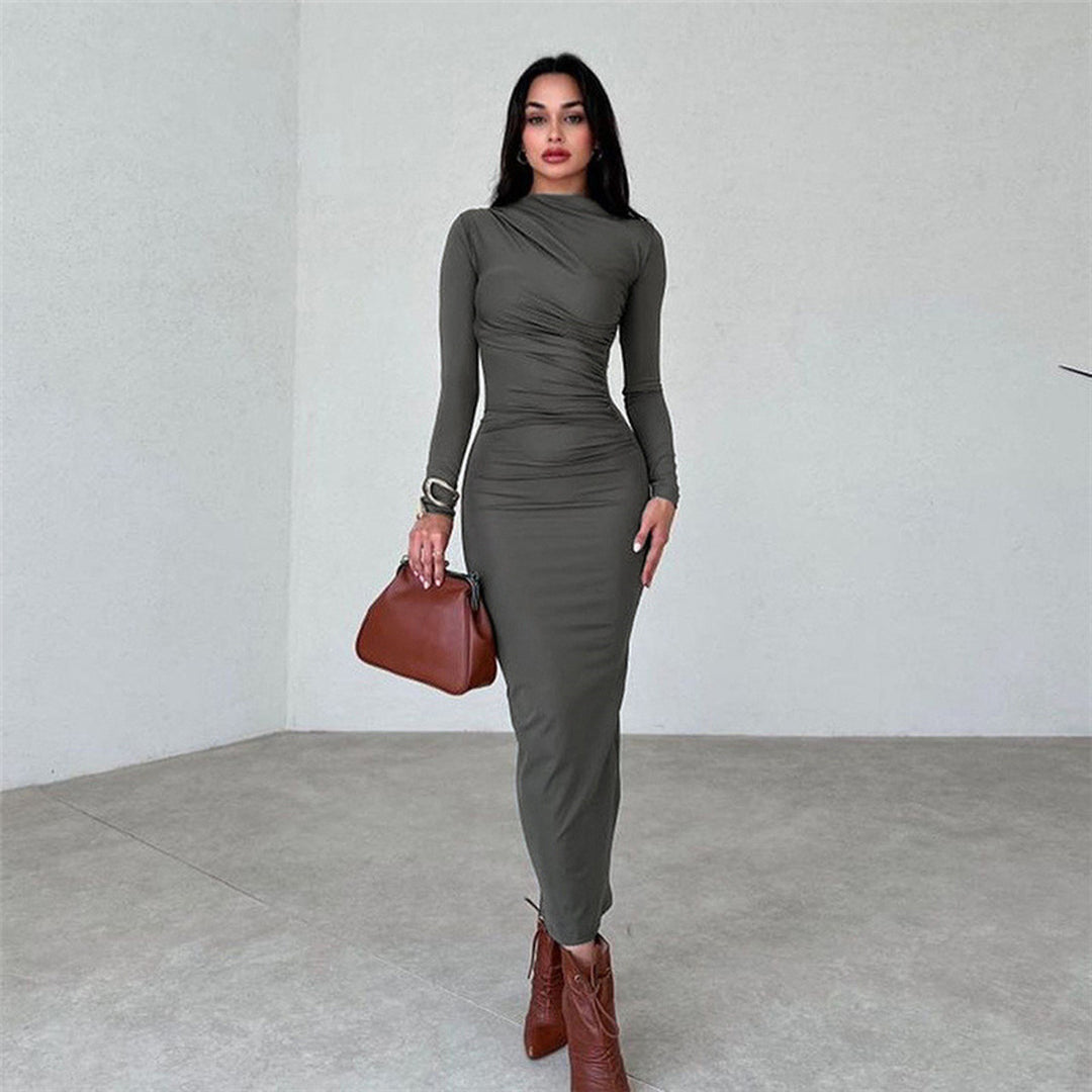 Ladies fitted maxi dress with high collar and side gathering Mune Fashion