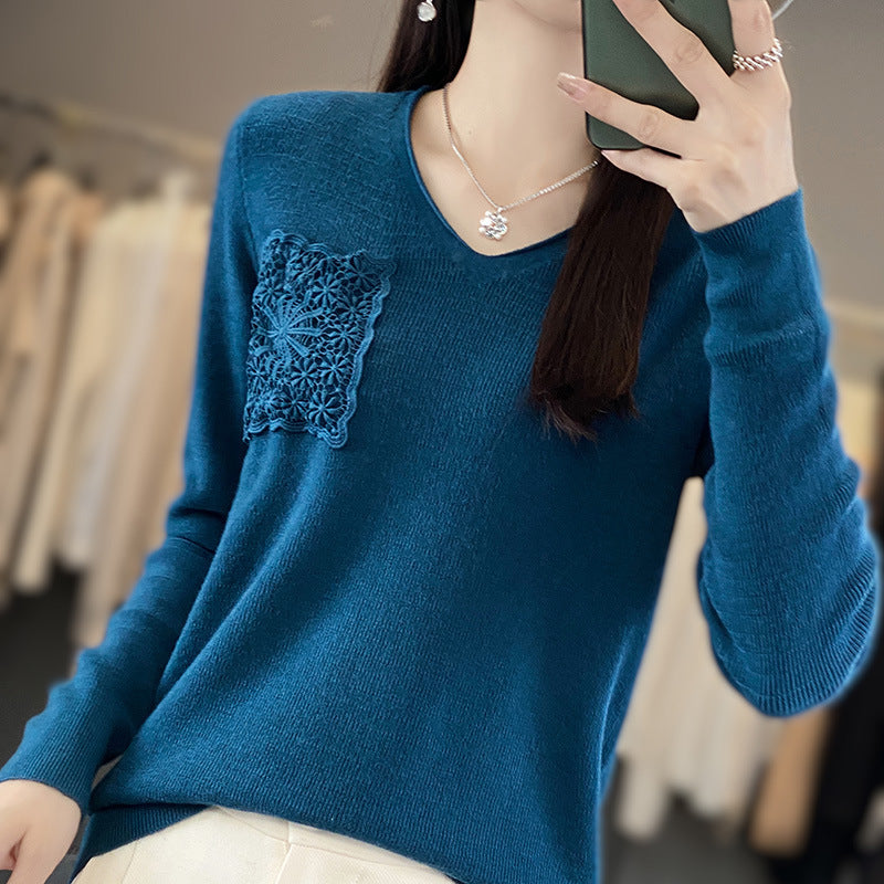 Women's Cashmere-Look V-Neck Sweater with Floral Crochet Appliqué Mune Fashion