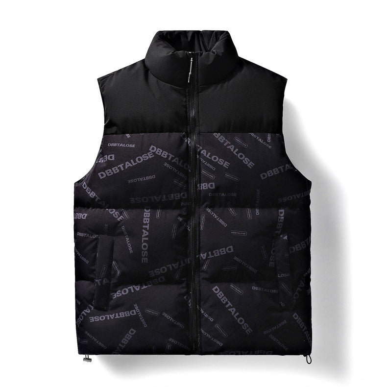 Men's Quilted Vest with High Stand-up Collar, All-over Logo Print & Drawstring Mune Fashion