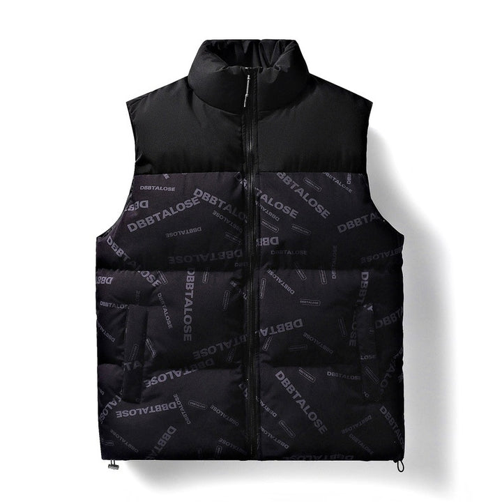 Men's Quilted Vest with High Stand-up Collar, All-over Logo Print & Drawstring Mune Fashion