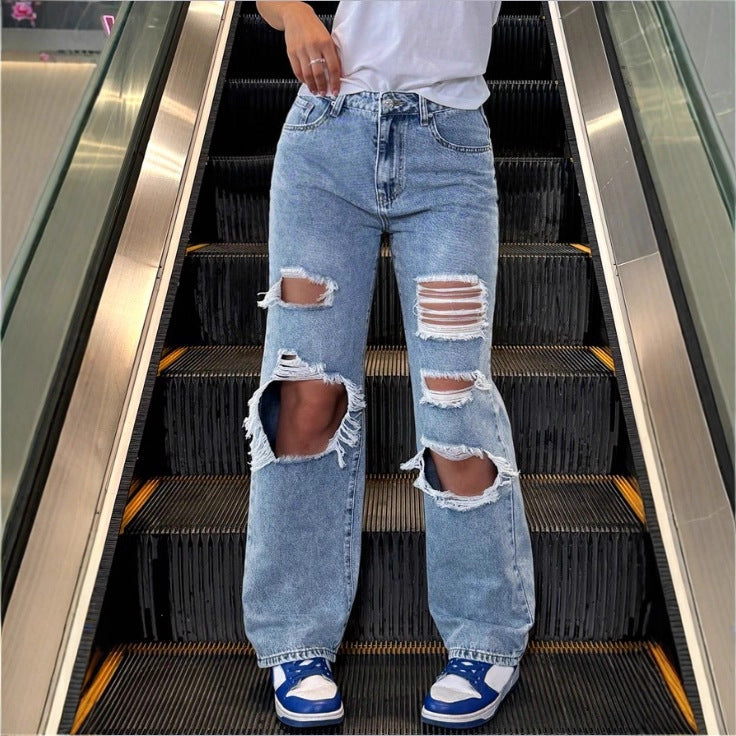 Women's High-Waist Baggy Jeans with large knee rips and straight leg Mune Fashion
