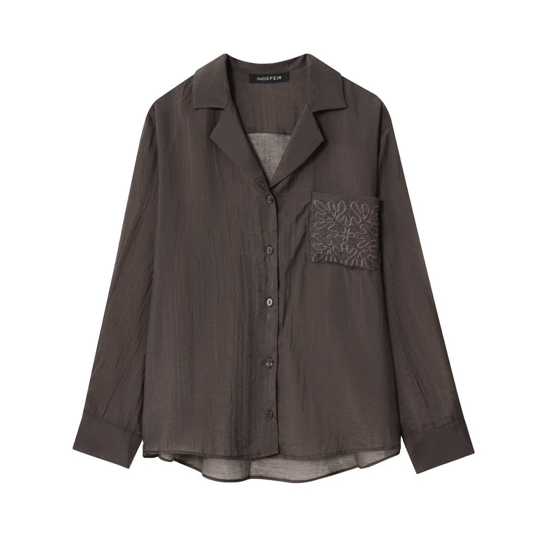 Women's Loose Satin Shirt with Notched Collar and Embroidered Chest Pocket Mune Fashion