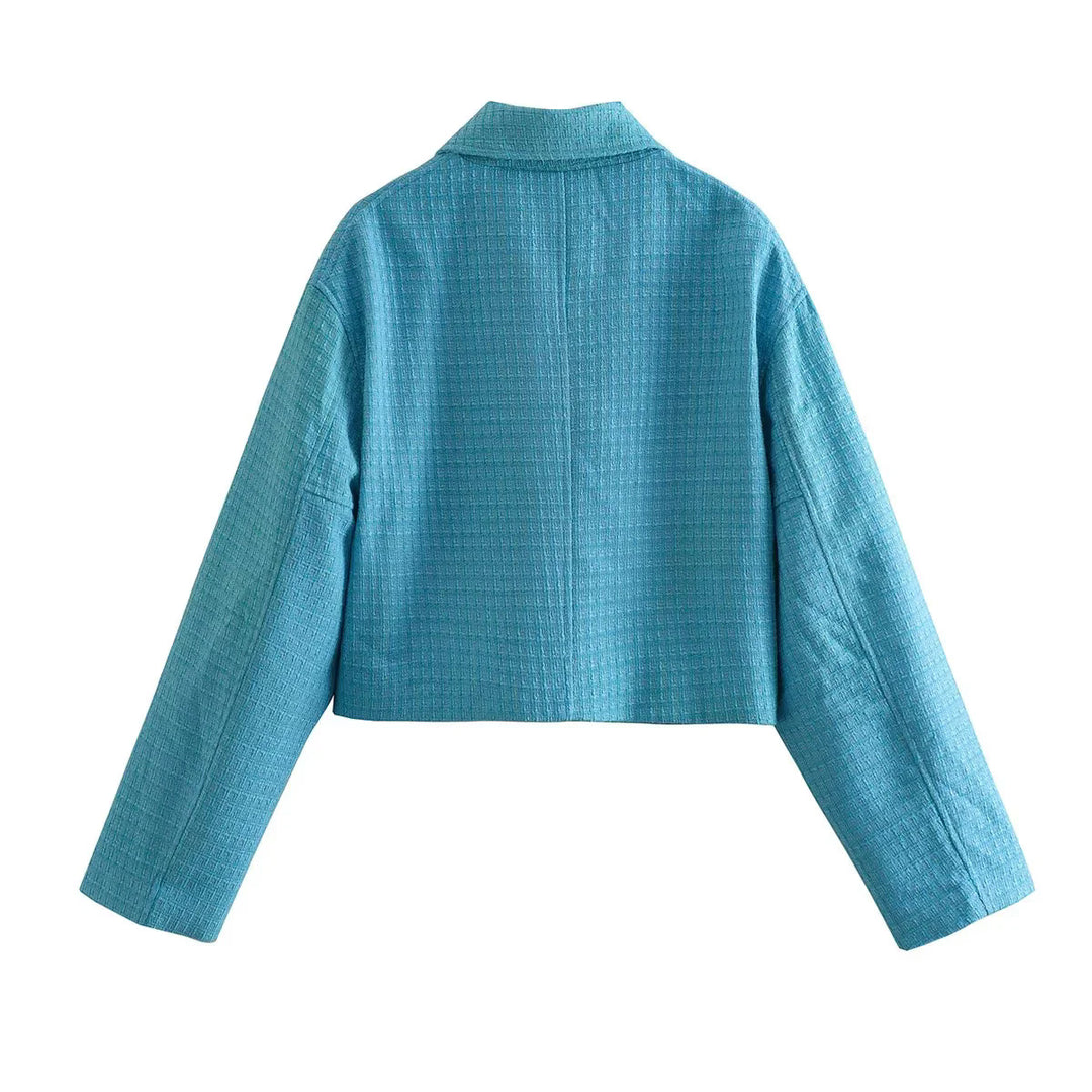 Women's cropped boxy tweed jacket with shirt collar, concealed zipper and piped pockets Mune Fashion