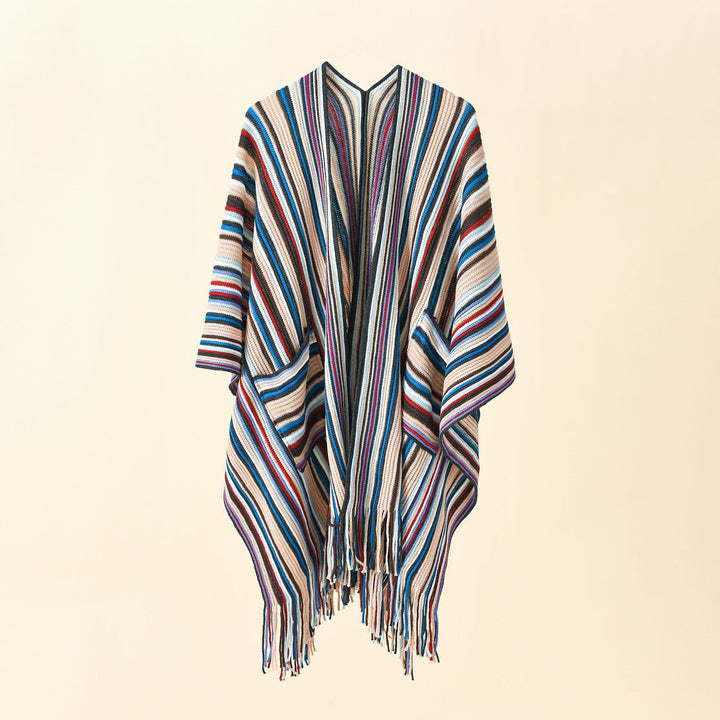 Women's Striped Knit Poncho with Fringes and Pockets Mune Fashion
