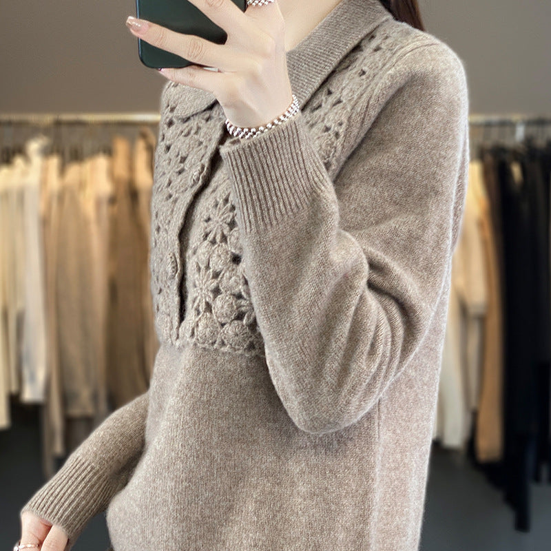 Women's knitted pullover with crocheted openwork trim and polo collar Mune Fashion
