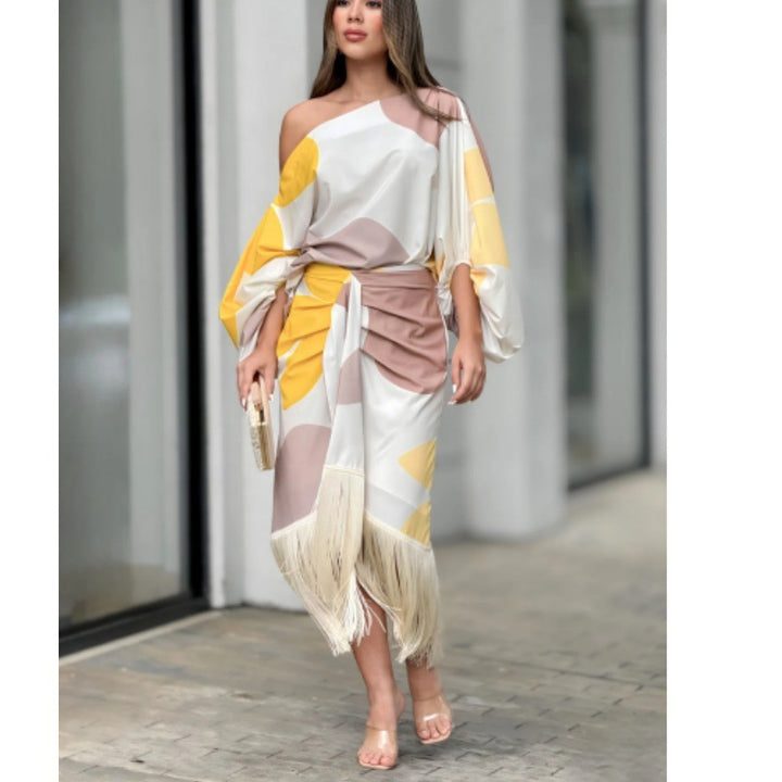 Women's nano asymmetrical draped midi dress with one-sided shoulder, voluminous sleeve cut and fringe hem Mune Fashion