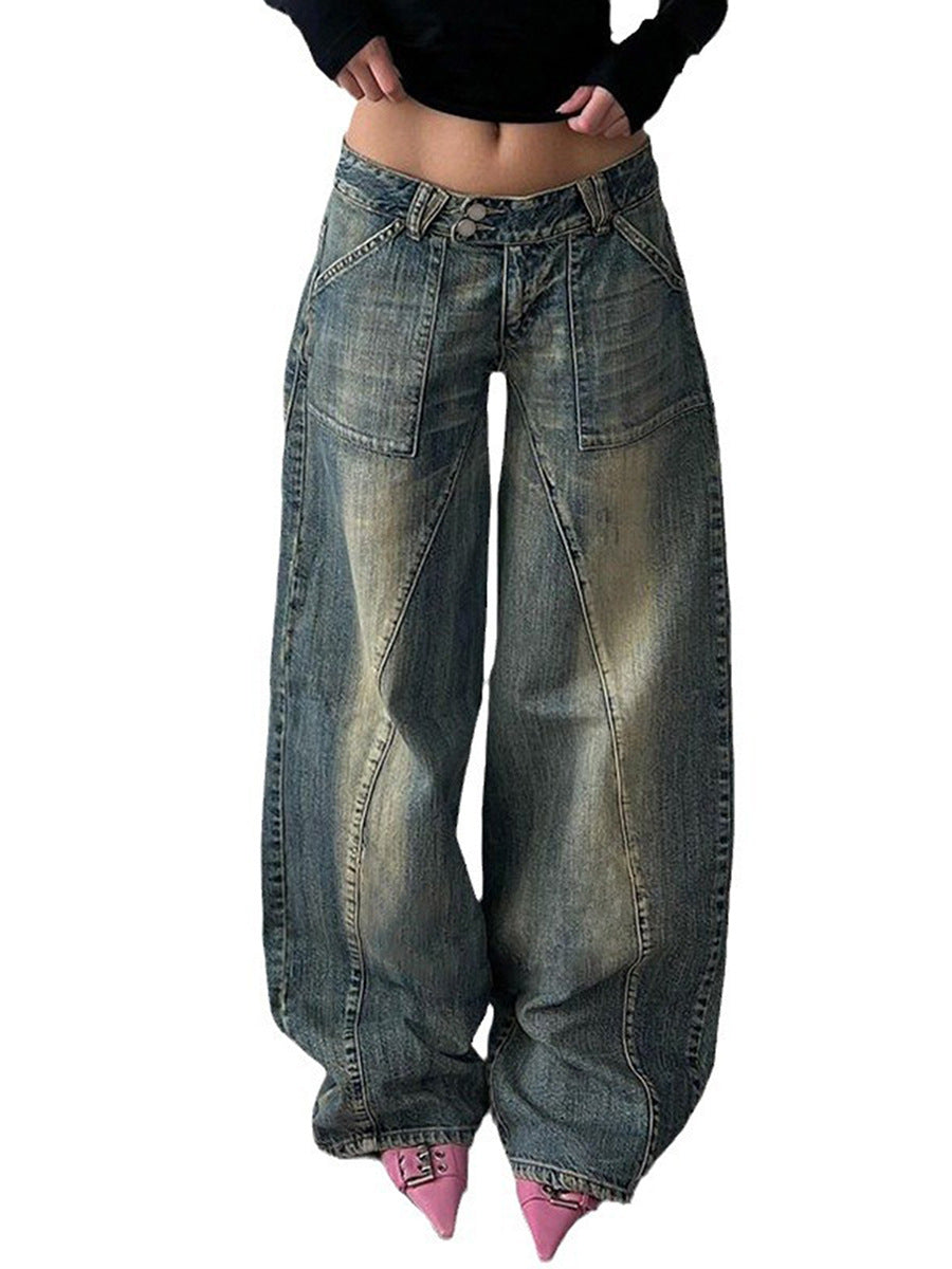 Women's low-rise baggy jeans with distinctive V-seam panels and patch front pockets Mune Fashion
