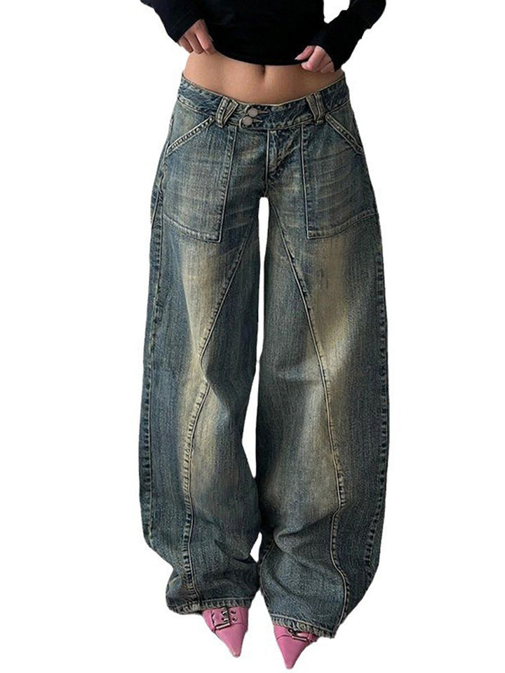 Women's low-rise baggy jeans with distinctive V-seam panels and patch front pockets Mune Fashion