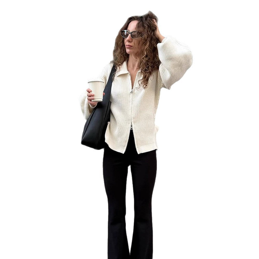 Women Ribbed Cardigan with Zipper, Shirt Collar & Balloon Sleeves Mune Fashion