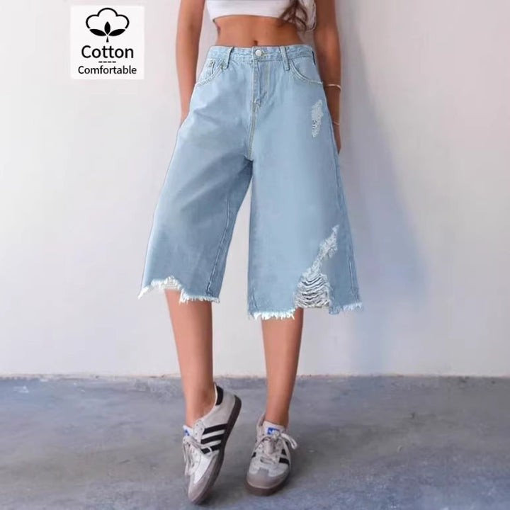 Women's Wide Denim Culotte with High Waist, Distressed Details and Raw Hem Mune Fashion
