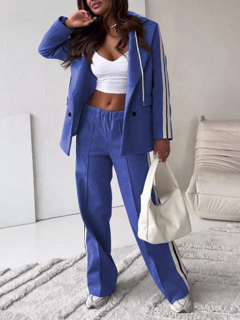 Women's sporty-elegant blazer two-piece with hooded blazer and wide training pants with side stripe Mune Fashion