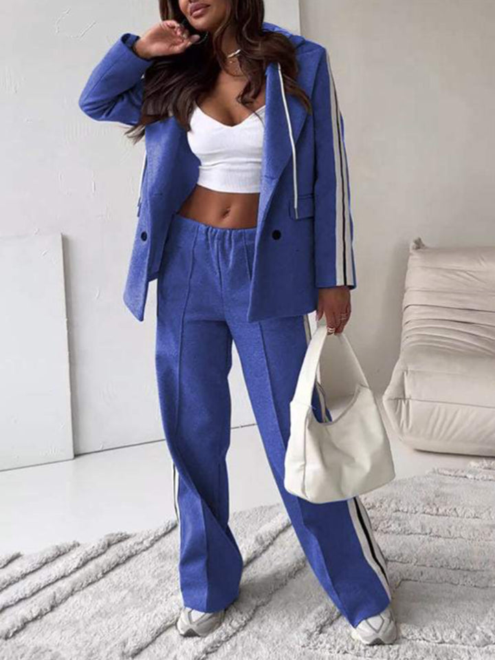 Women's sporty-elegant blazer two-piece with hooded blazer and wide training pants with side stripe Mune Fashion