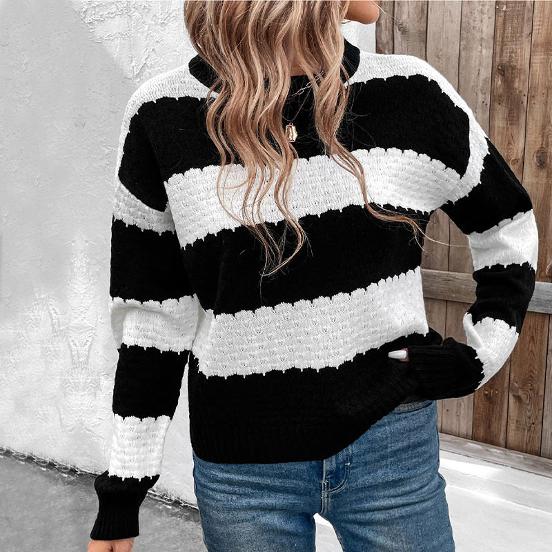 Women's Oversize Fisherman Knitted Sweater with Block Stripes, Openwork Structure and Ribbed Cuffs Mune Fashion