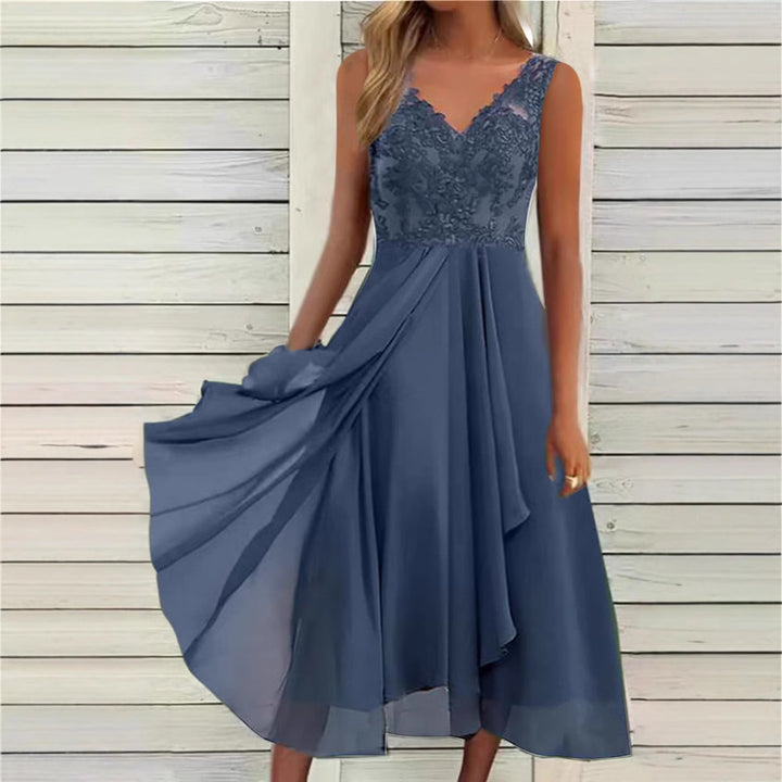 Women's elegant evening midi dress with embroidered lace bodice, tailored draping, and flowing layered skirt Mune Fashion