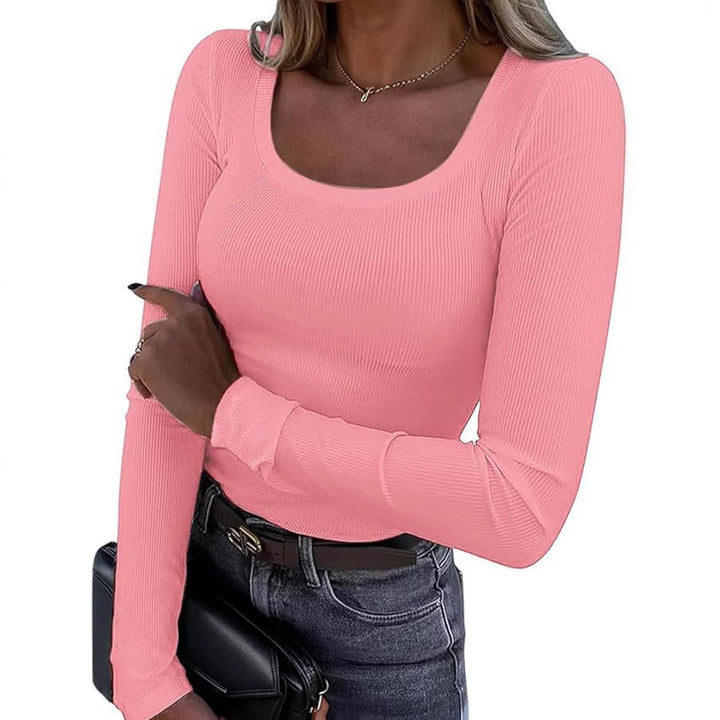 Women's Long Sleeve Ribbed Top with U-Neck Mune Fashion