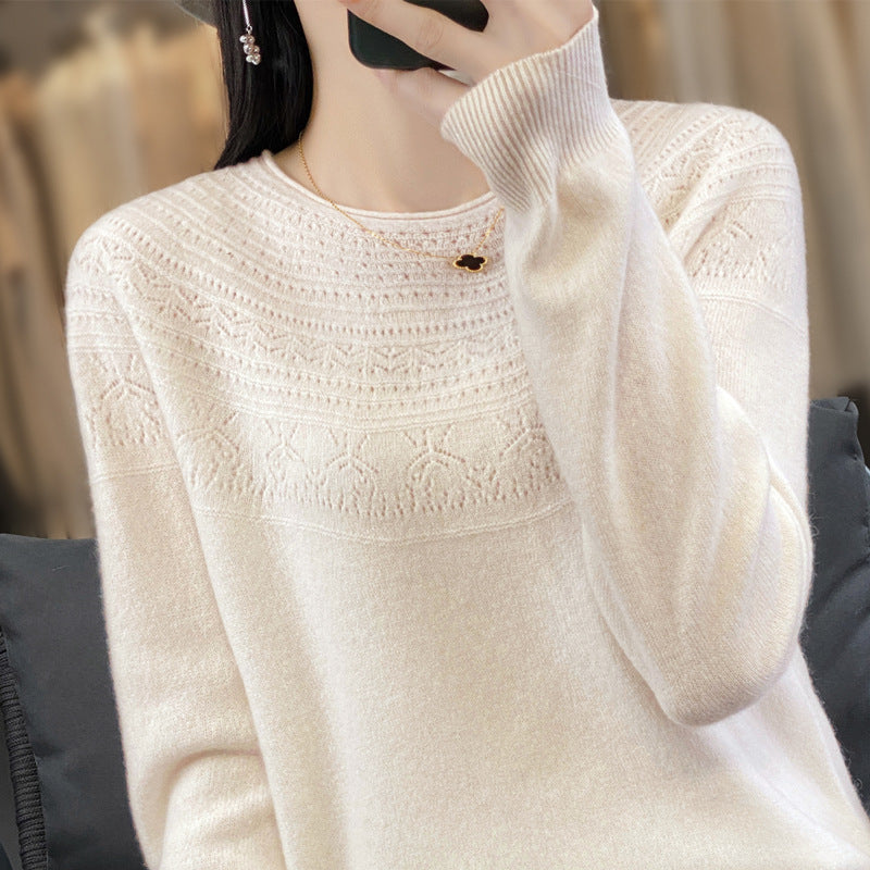 Women's Round Neck Fine Knit Sweater with Structured Yoke and Cashmere Look Mune Fashion