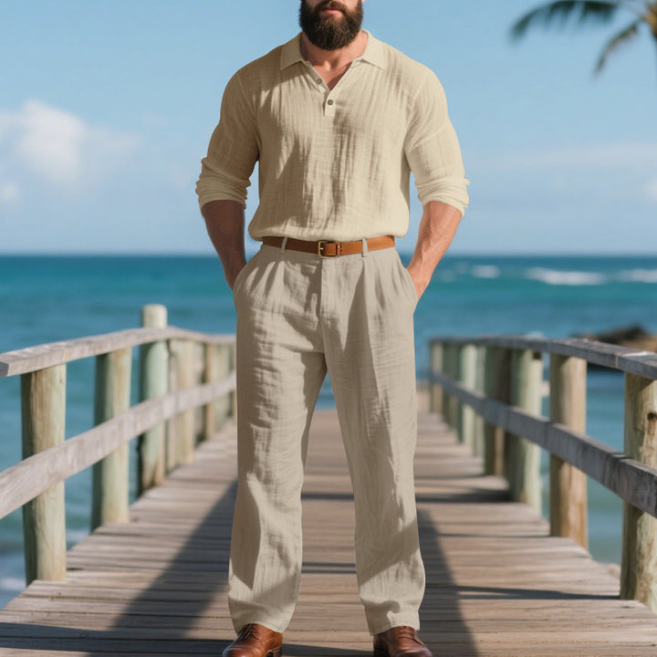 Men's airy linen two-piece set with V-neck shirt and loose pleated trousers Mune Fashion
