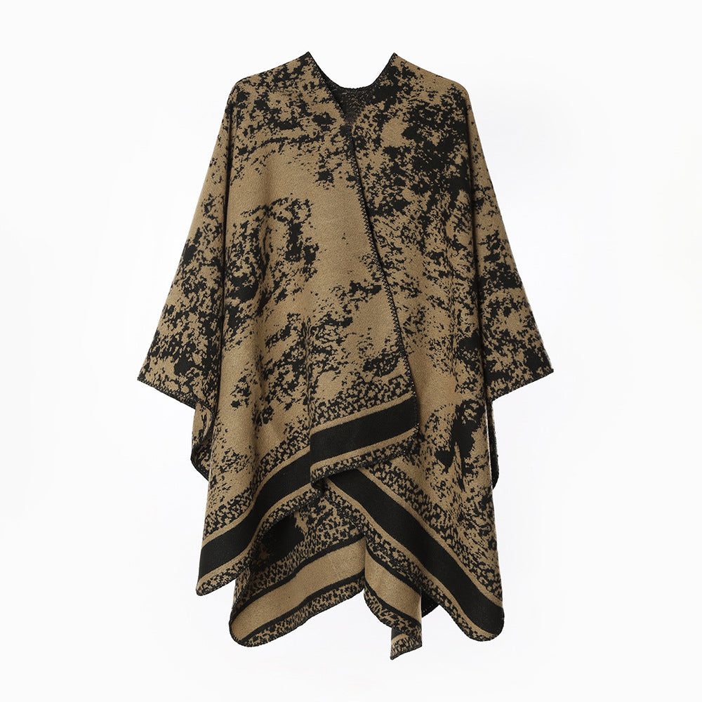 Women's jacquard wrap poncho with open front, boxy silhouette, and finely hemmed edge Mune Fashion