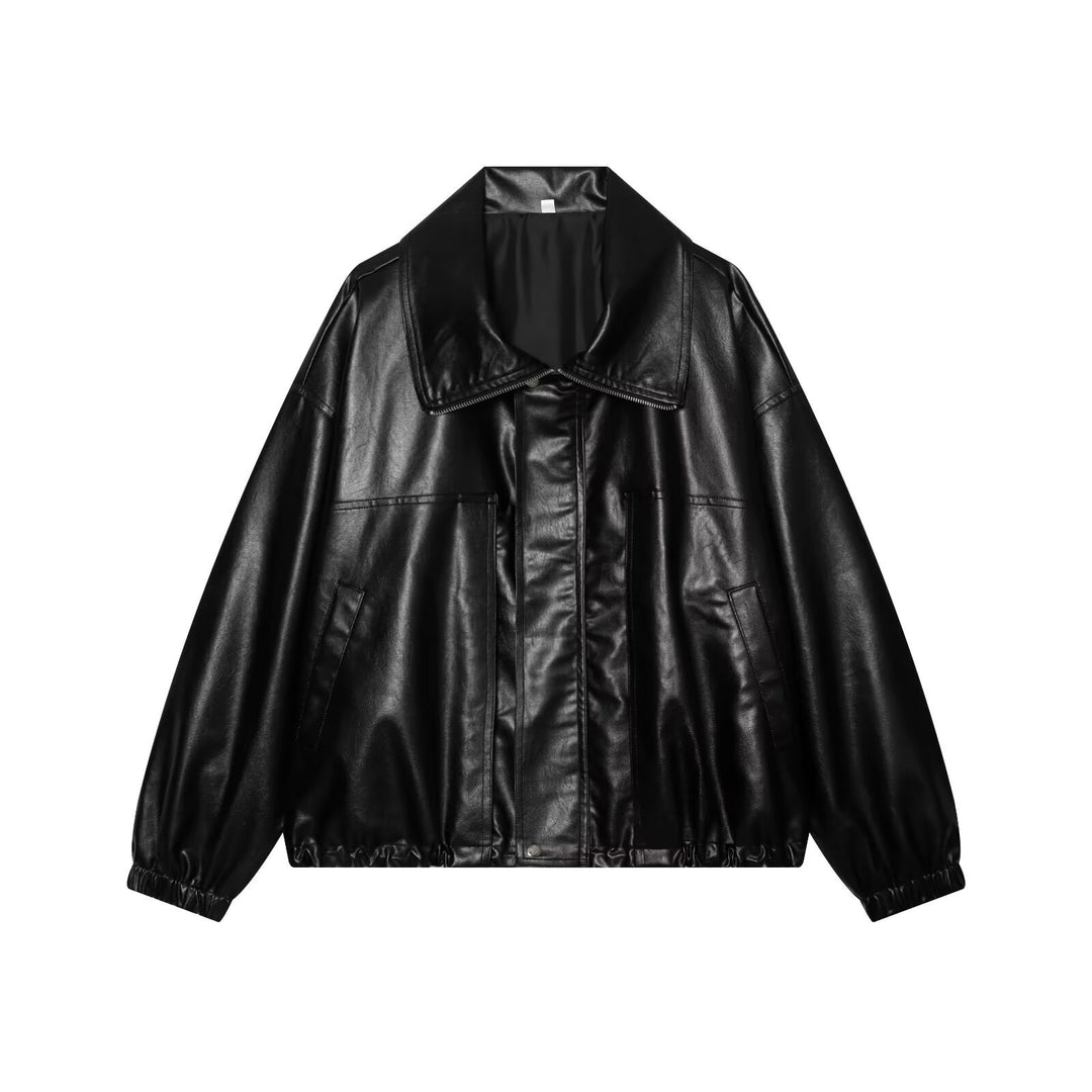 Women's Oversized Faux Leather Bomber Jacket with Wide Lapel Collar and Elastic Hem Mune Fashion