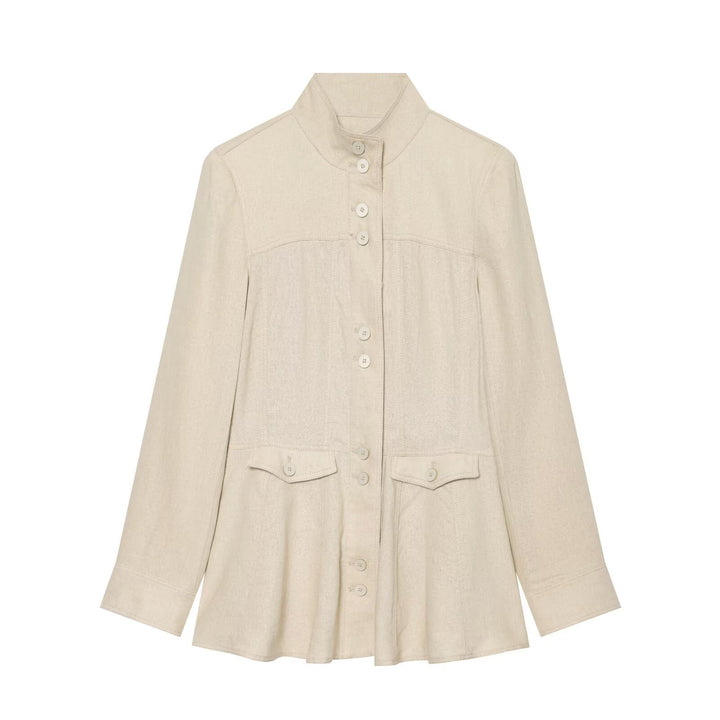 Women's Lightweight Linen-Look Shirt Jacket with Stand Collar, Button Placket and Flared Hem Mune Fashion