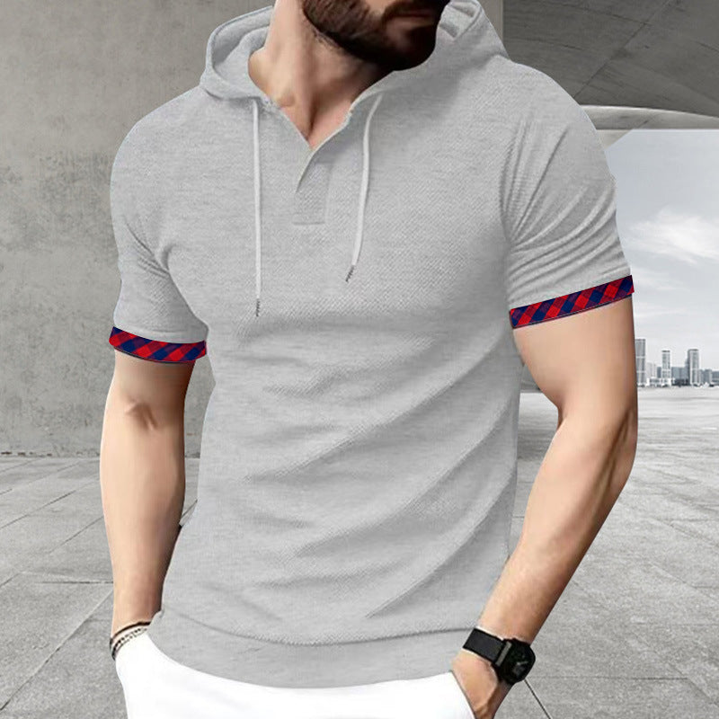 Men's slim fit short sleeve hooded shirt in polo style with Henley neckline and checkered sleeve cuff Mune Fashion