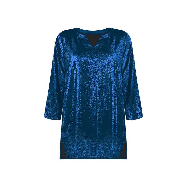 Ladies Shiny Oversize Tunic Shirt with V-Neck and Side Slits Mune Fashion