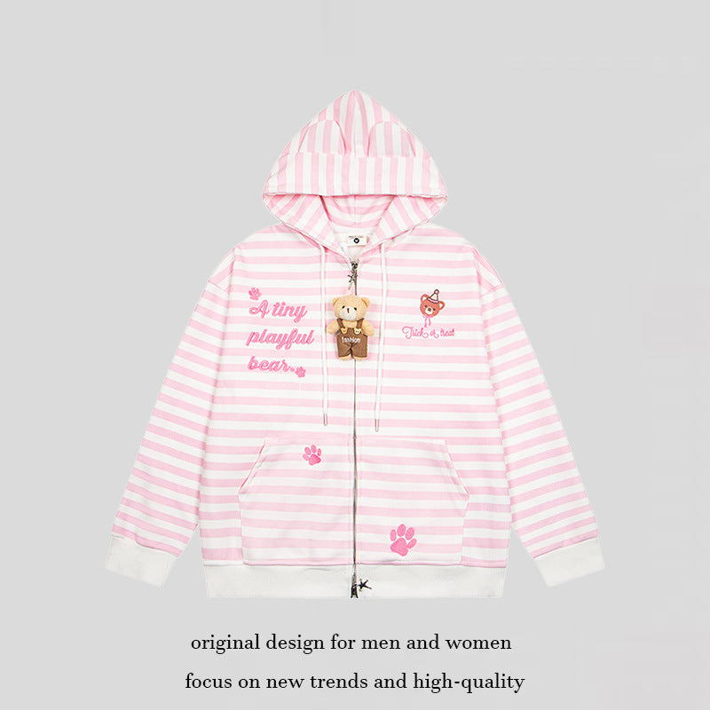 Women's Striped Hooded Sweat Jacket with Teddy Pendant, Ear Hood and Embroidery Detail Mune Fashion