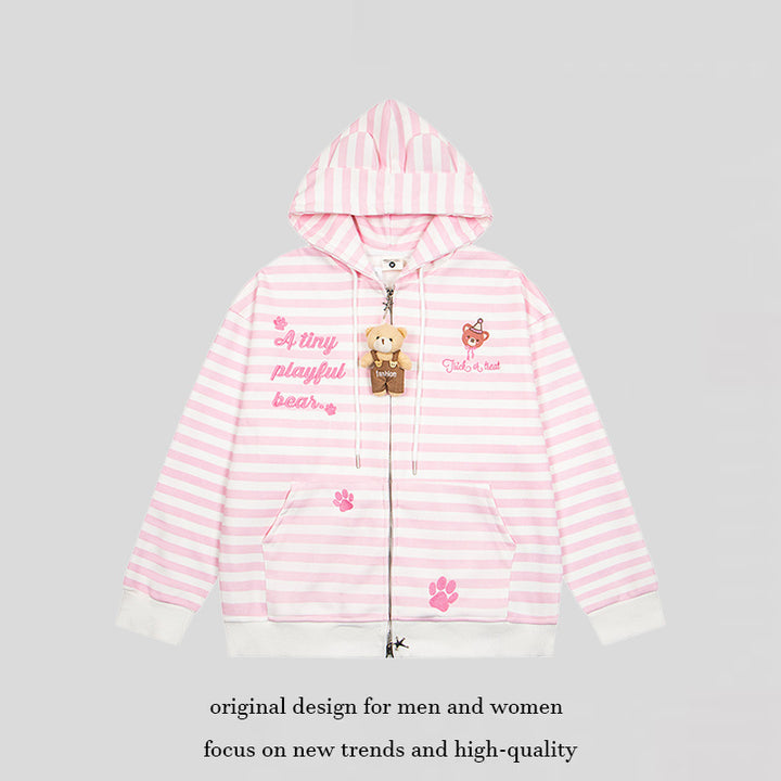 Women's Striped Hooded Sweat Jacket with Teddy Pendant, Ear Hood and Embroidery Detail Mune Fashion