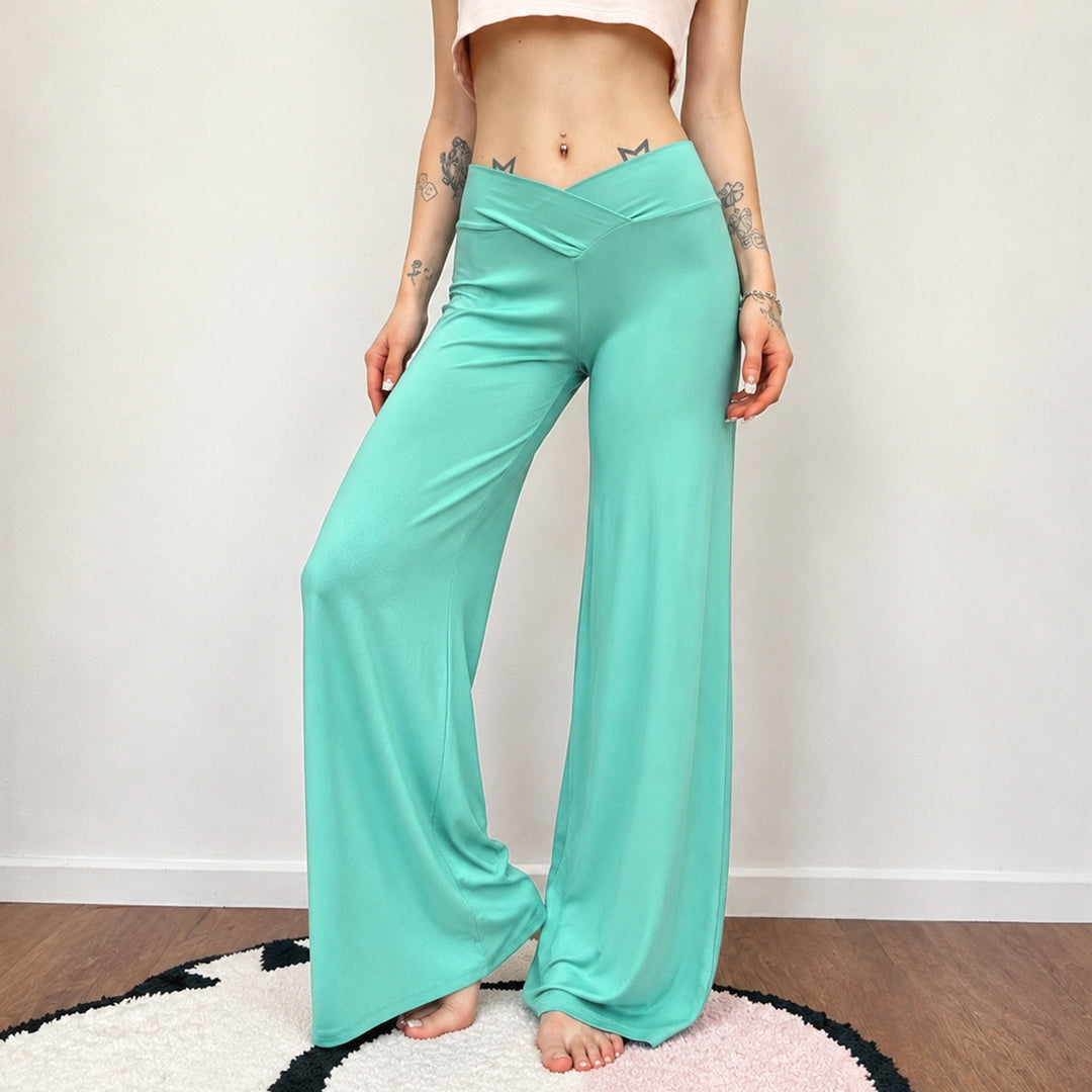 Women wide Palazzo pants with V-shaped waistband seam and elastic stretch jersey Mune Fashion