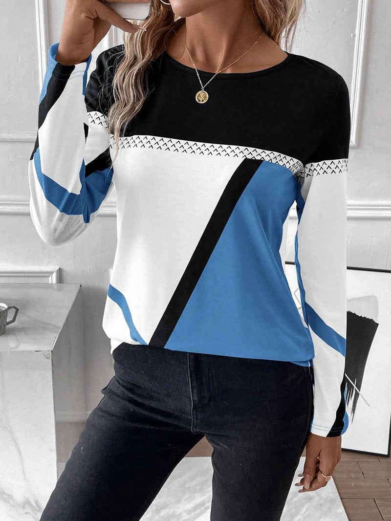 Women's Long Sleeve Shirt with Graphic Colorblock Design and Round Neck Mune Fashion