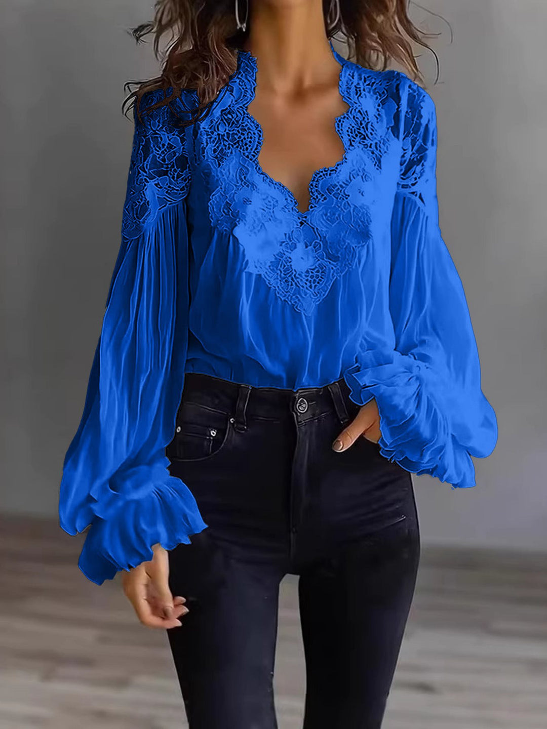 Women's Chiffon Blouse with Lace V-Neck and Wide Pleated Sleeves Mune Fashion